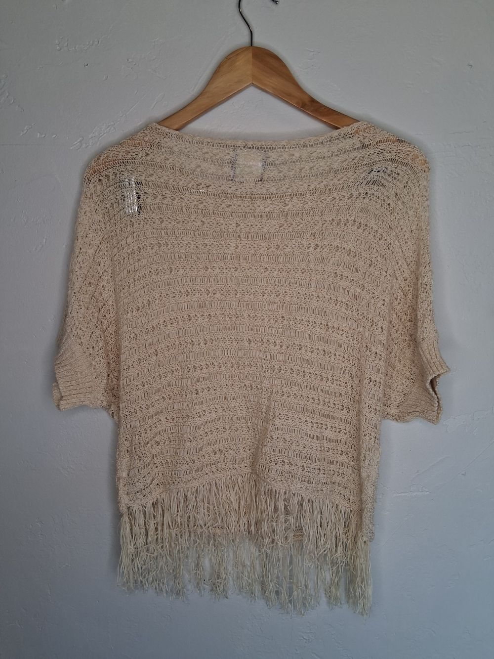 Stem A & Vine Beige Open Knit Fringe Poncho Style Top Boho Knit - Picture 8 of 8